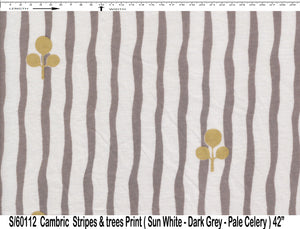 S/60112  Stripes & trees Print ( Sun White - Dark Grey - Pale Celery ) 42”  (Cambric)